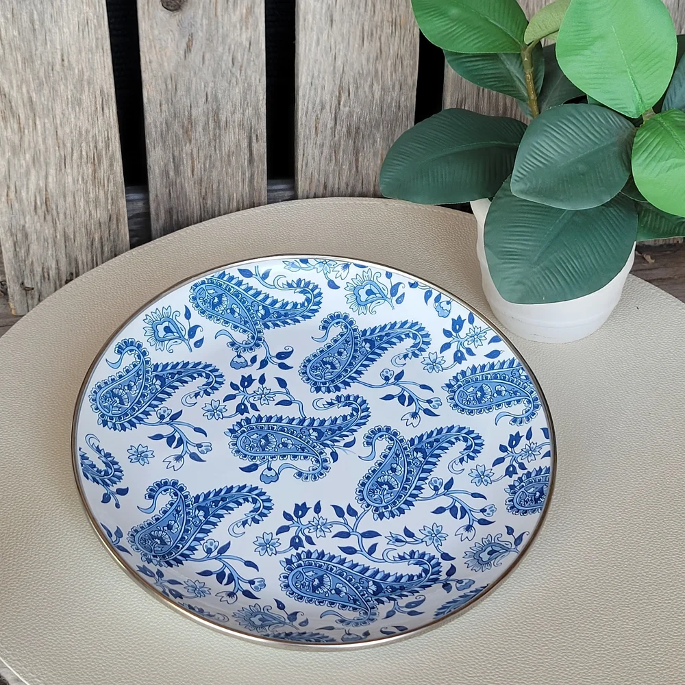 Pottery Barn Elegant Blue Paisley Enamel Ware Silver Rim 8